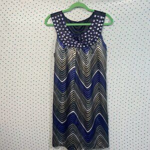 Lambina Purple, Black & Gray Striped & Bejeweled Sleeveless Shift Dress